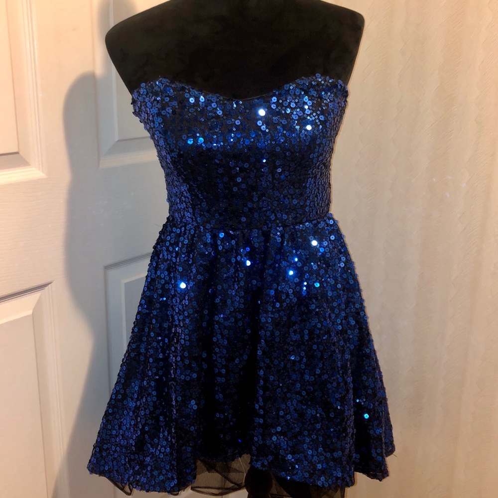 Blue Sequin Strapless Homecoming Dress